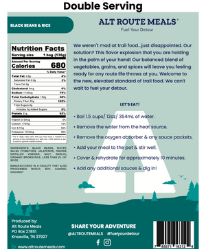
                  
                    Back Label of the Double Serving Size of Alt Route Meals Black Beans and Rice. Includes Ingredient list, nutritional label, and cooking instructions.
                  
                