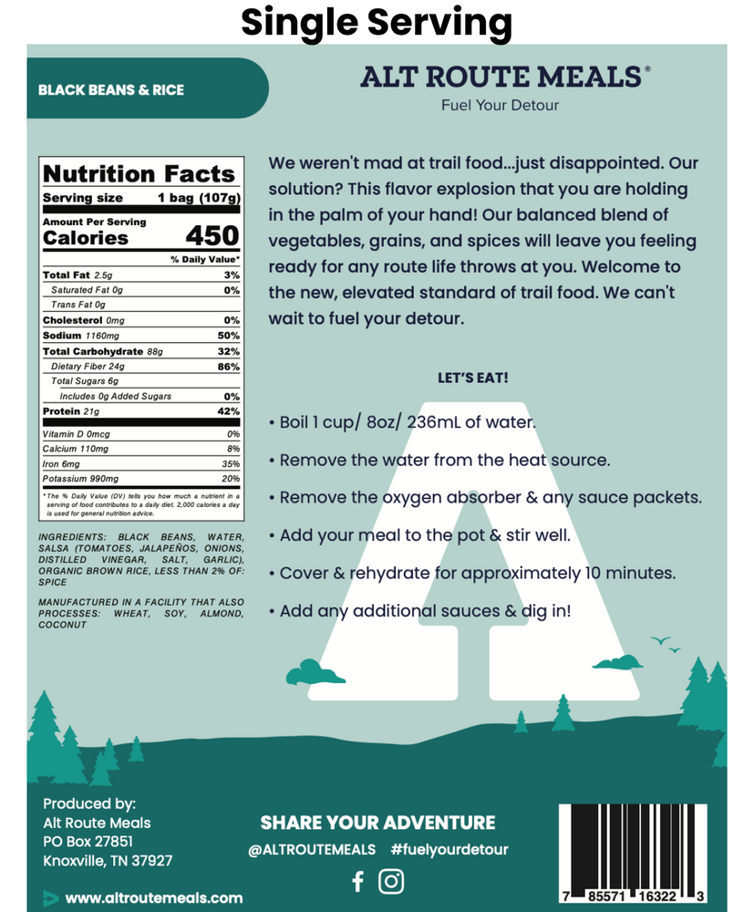 
                  
                    Back Label of the Single Serving Size of Alt Route Meals Black Beans and Rice. Includes Ingredient list, nutritional label, and cooking instructions.
                  
                