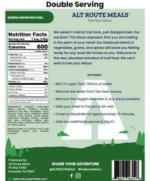 
                  
                    Back Label of the Double Serving Size of Alt Route Meals Quinoa Mountain Chili. Includes Ingredient list, nutritional label, and cooking instructions.
                  
                