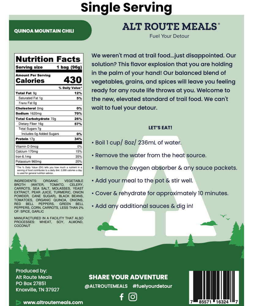 
                  
                    Back Label of the Single Serving Size of Alt Route Meals Quinoa Mountain Chili. Includes Ingredient list, nutritional label, and cooking instructions.
                  
                