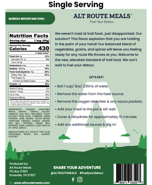 
                  
                    Back Label of the Single Serving Size of Alt Route Meals Quinoa Mountain Chili. Includes Ingredient list, nutritional label, and cooking instructions.
                  
                