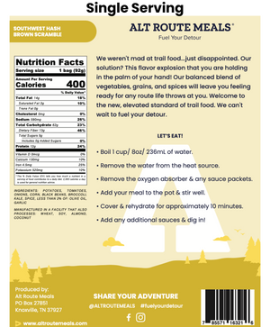 
                  
                    Back Label of the Single Serving Size of Alt Route Meals Southwest Hash Brown Scramble. Includes Ingredient list, nutritional label, and cooking instructions.
                  
                