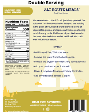 
                  
                    Back Label of the Double Serving Size of Alt Route Meals Southwest Hash Brown Scramble. Includes Ingredient list, nutritional label, and cooking instructions.
                  
                