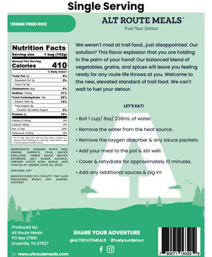 
                  
                    Back Label of the Single Serving Size of Alt Route Meals Veggie Fried Rice. Includes Ingredient list, nutritional label, and cooking instructions.
                  
                