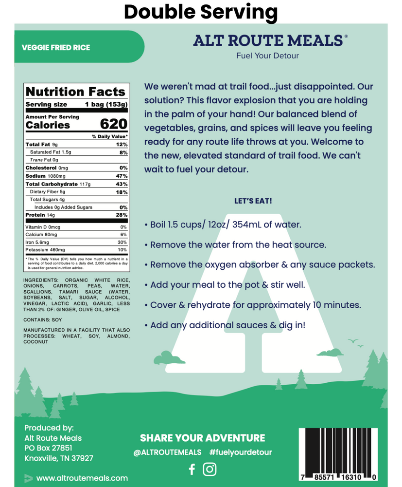 
                  
                    Back Label of the Double Serving Size of Alt Route Meals Veggie Fried Rice. Includes Ingredient list, nutritional label, and cooking instructions.
                  
                