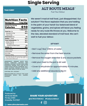 
                  
                    Back Label of the Single Serving Size of Alt Route Meals Thai Curry. Includes Ingredient list, nutritional label, and cooking instructions.
                  
                