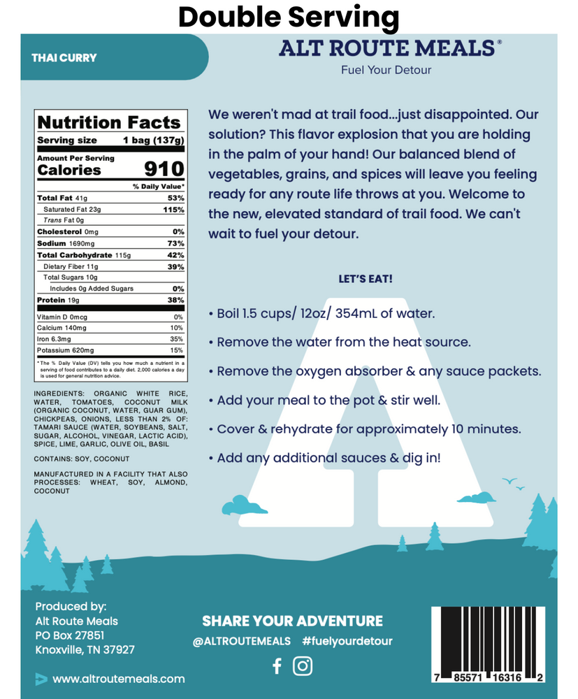 
                  
                    Back Label of the Double Serving Size of Alt Route Meals Thai Curry. Includes Ingredient list, nutritional label, and cooking instructions.
                  
                