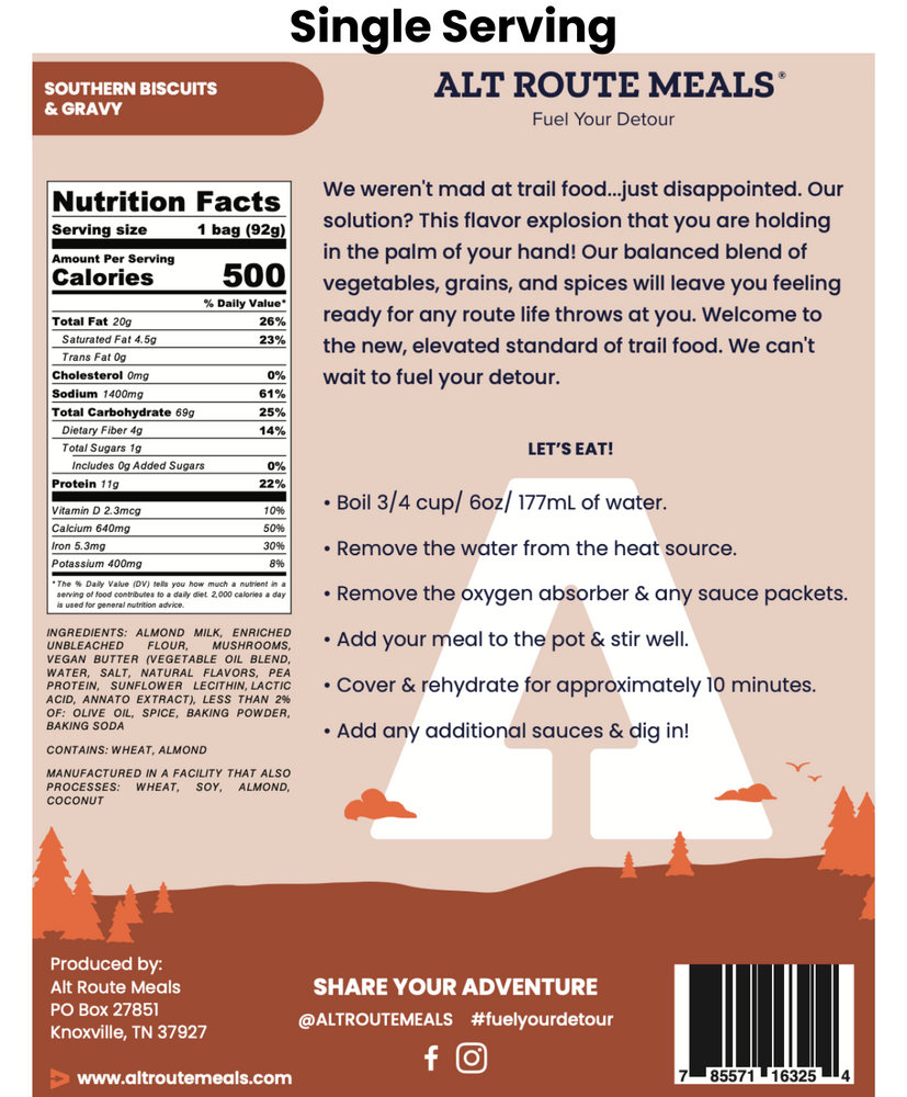 
                  
                    Back Label of the Single Serving Size of Alt Route Meals Southern Biscuits and Gravy. Includes Ingredient list, nutritional label, and cooking instructions.
                  
                