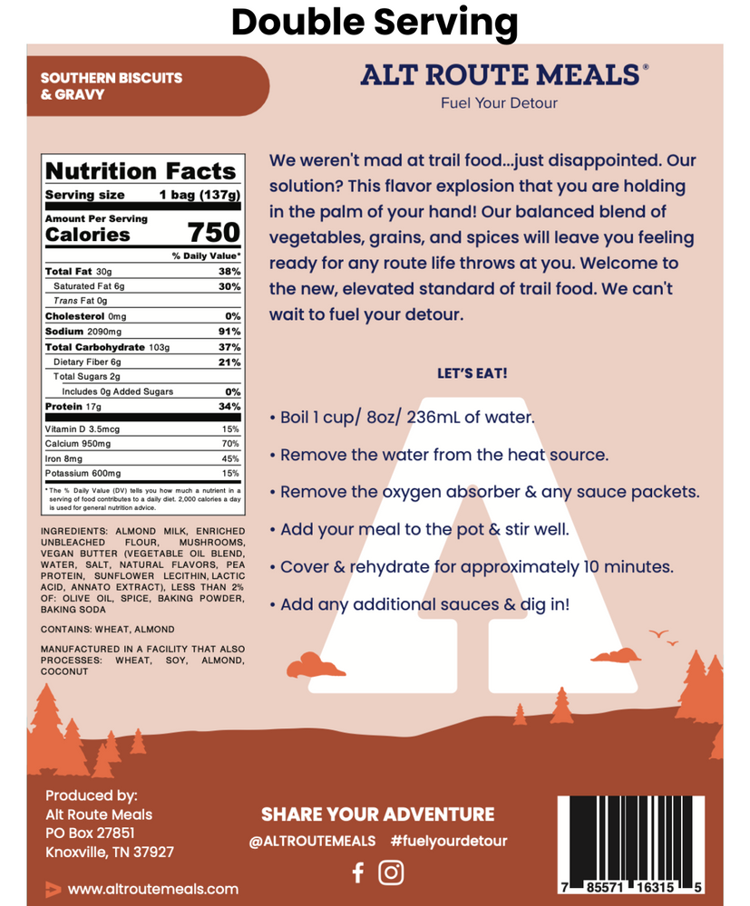 
                  
                    Back Label of the Double Serving Size of Alt Route Meals Southern Biscuits and Gravy. Includes Ingredient list, nutritional label, and cooking instructions.
                  
                