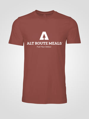 
                  
                    Photo of the Alt Route Meals logo T shirt. Clay colored. Has company logo, and name on front. Company tagline on back of shirt.
                  
                