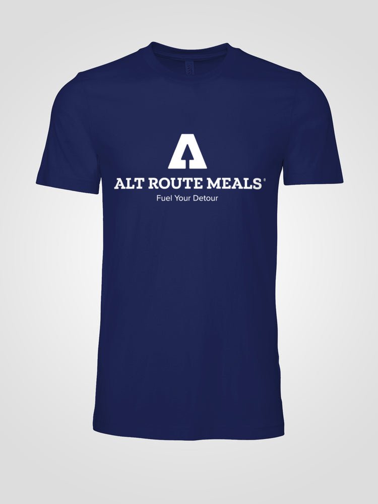 
                  
                    Photo of the Alt Route Meals logo T shirt. Navy Blue. Has company logo, and name on front. Company tagline on back of shirt.
                  
                