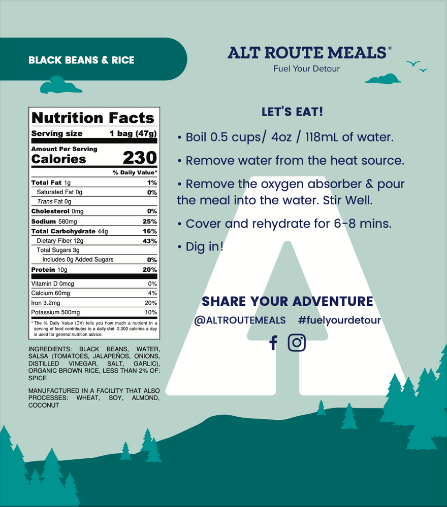 
                  
                    Back Label of the Sampler Serving Size of Alt Route Meals Black Beans and Rice. Includes Ingredient list, nutritional label, and cooking instructions.
                  
                