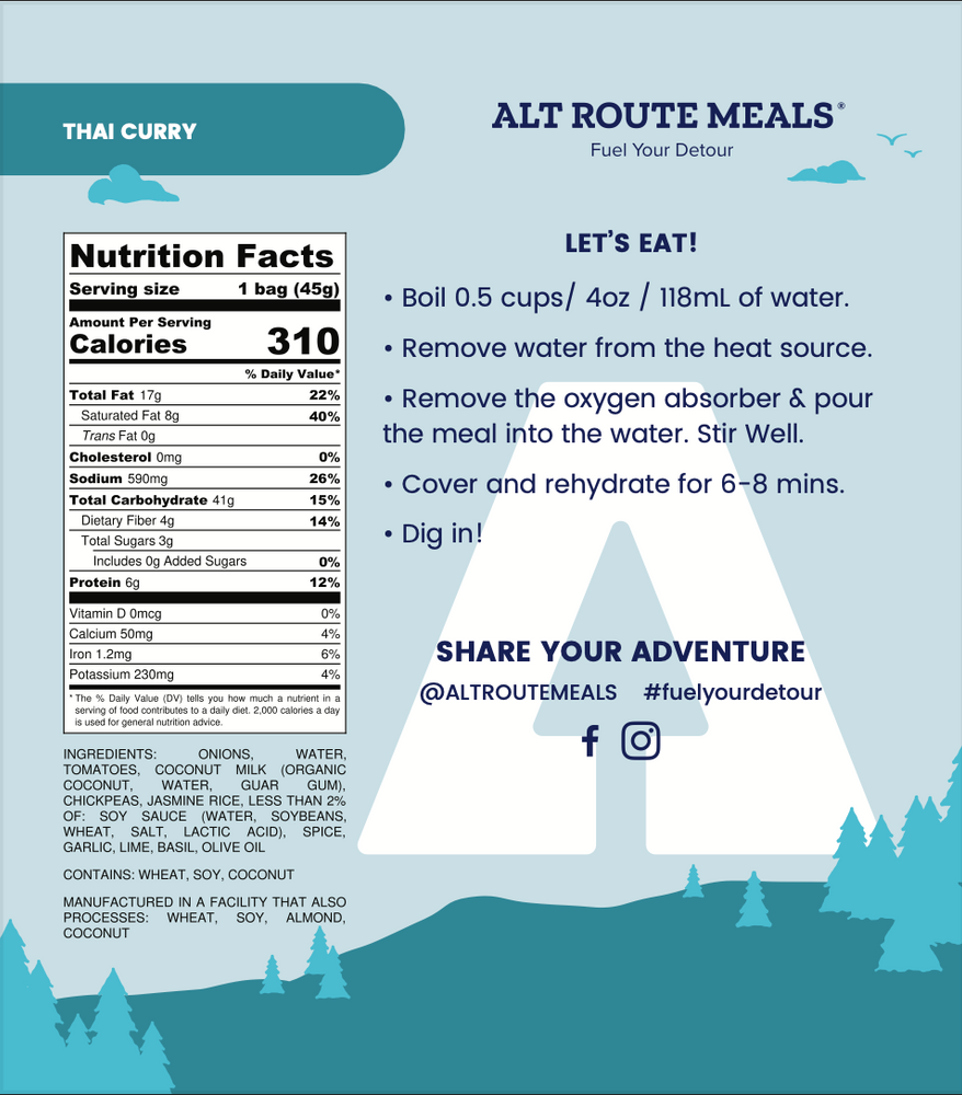 
                  
                    Back Label of the Sampler Serving Size of Alt Route Meals Thai Curry. Includes Ingredient list, nutritional label, and cooking instructions.
                  
                