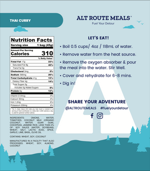 
                  
                    Back Label of the Sampler Serving Size of Alt Route Meals Thai Curry. Includes Ingredient list, nutritional label, and cooking instructions.
                  
                