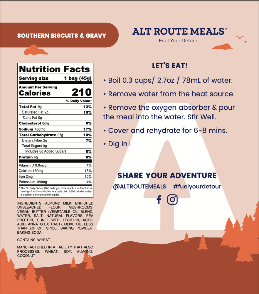
                  
                    Back Label of the Sampler Serving Size of Alt Route Meals Southern Biscuits and Gravy. Includes Ingredient list, nutritional label, and cooking instructions.
                  
                