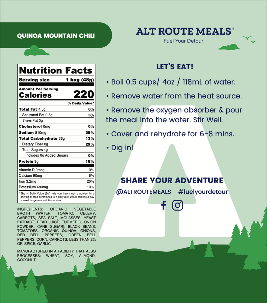 
                  
                    Back Label of the Sampler Serving Size of Alt Route Meals Quinoa Mountain Chili. Includes Ingredient list, nutritional label, and cooking instructions.
                  
                