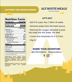 
                  
                    Back Label of the Sampler Serving Size of Alt Route Meals Southwest Hash Brown Scramble. Includes Ingredient list, nutritional label, and cooking instructions.
                  
                