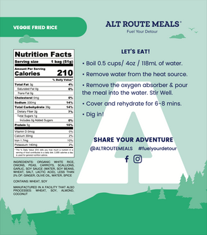 
                  
                    Back Label of the Sampler Serving Size of Alt Route Meals Veggie Fried Rice. Includes Ingredient list, nutritional label, and cooking instructions.
                  
                