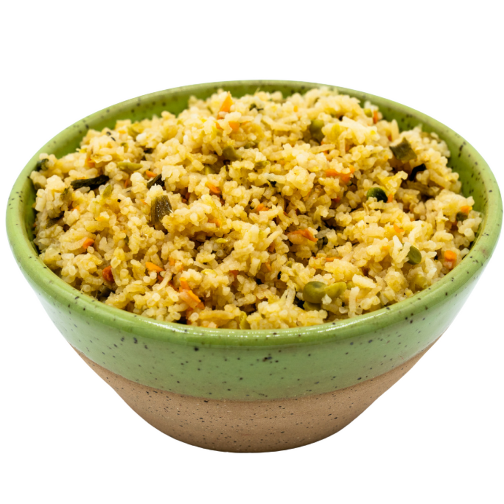 
                  
                    Photo of Alt Route Meals Veggie Fried Rice dinner rehydrated and in a ceramic two-toned bowl, green on top, tan clay on the bottom. Against a white stock background.
                  
                